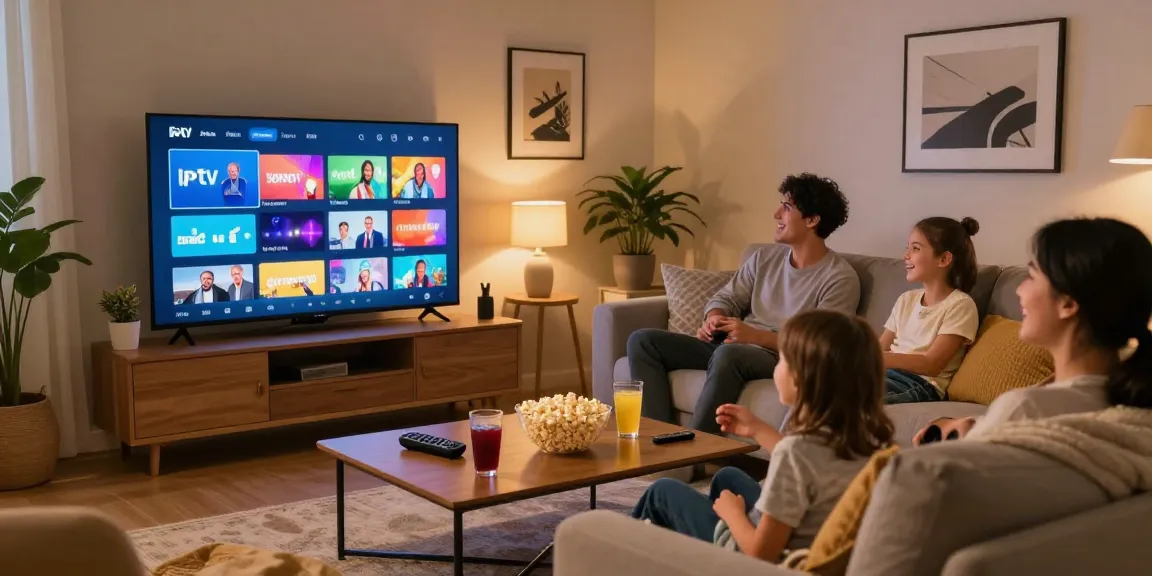 Família desfrutando de IPTV na sala de estar, assistindo TV e interagindo