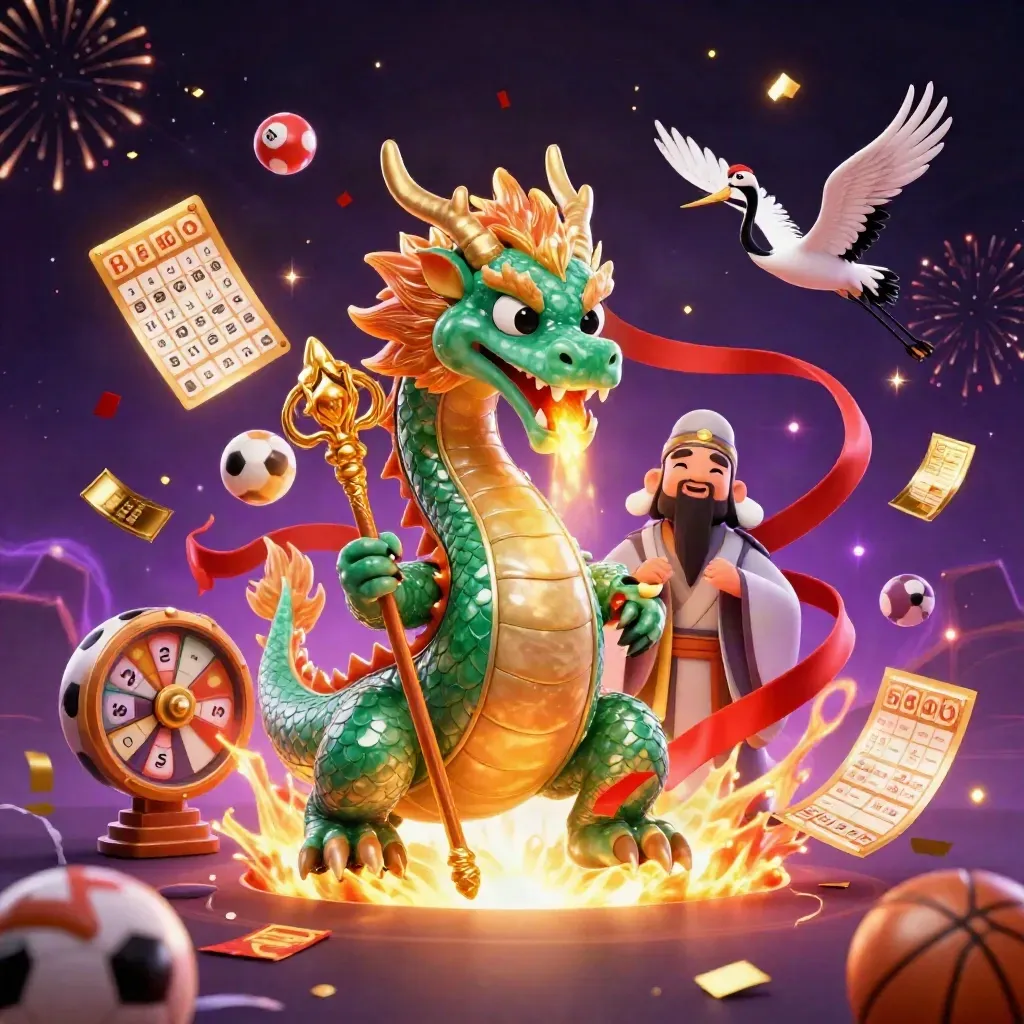 Dragão de jade, tartaruga sábia e garças com fogo e brilho dourado em fundo roxo.