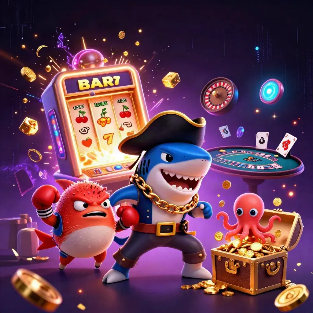 Pirata tubarão, baiacu e polvo bebê entre luzes neon e tesouro num cassino mágico.