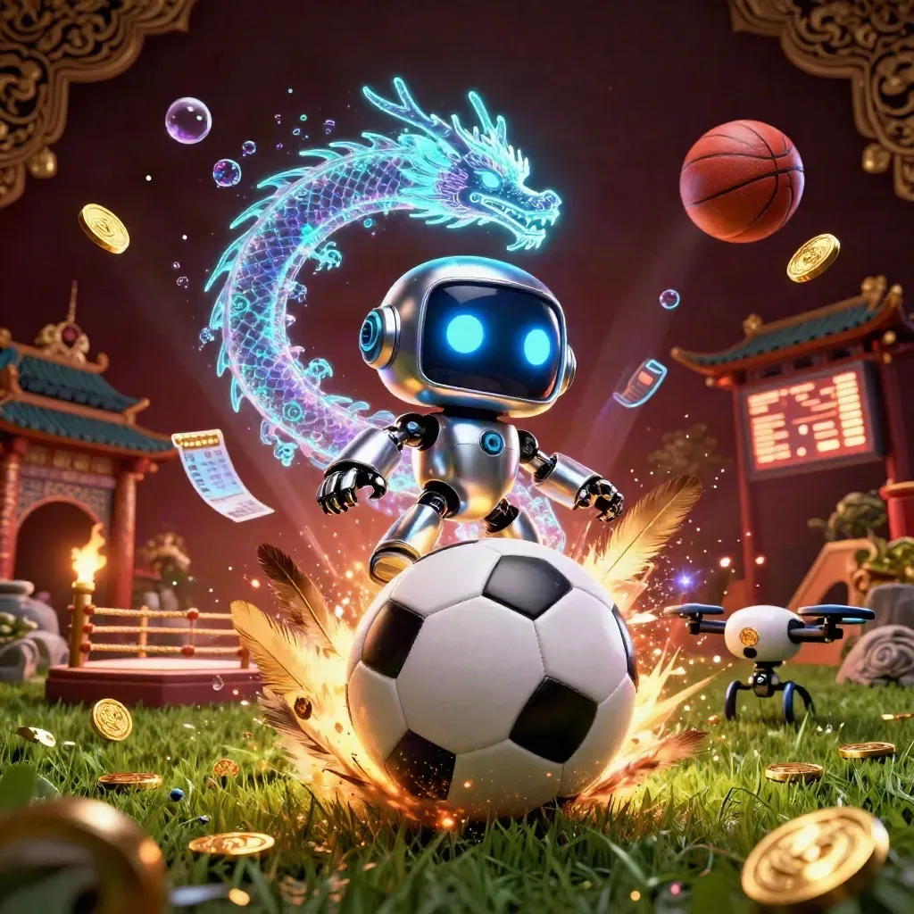 Robô cyberpunk, dragão holográfico e drone cercam bola de futebol em explosão de luxo.