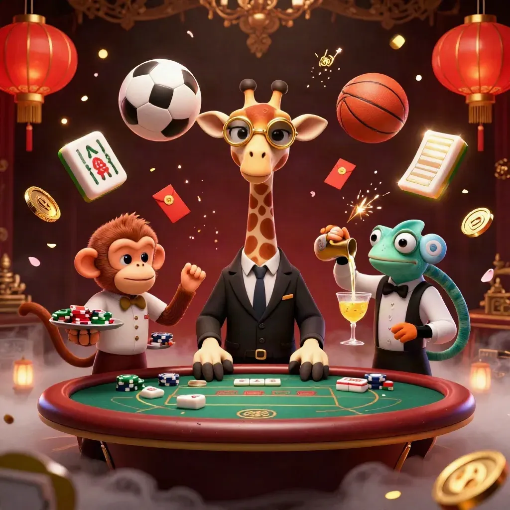 Girafa, macaco e camaleão em mesa VIP, com bolas e itens dourados em clima de cassino luxuoso.