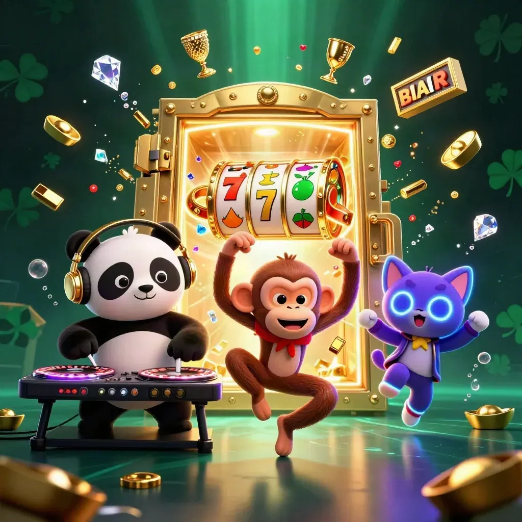 Panda DJ, macaco dançarino e gatinho neon explodem em tesouro e luz.