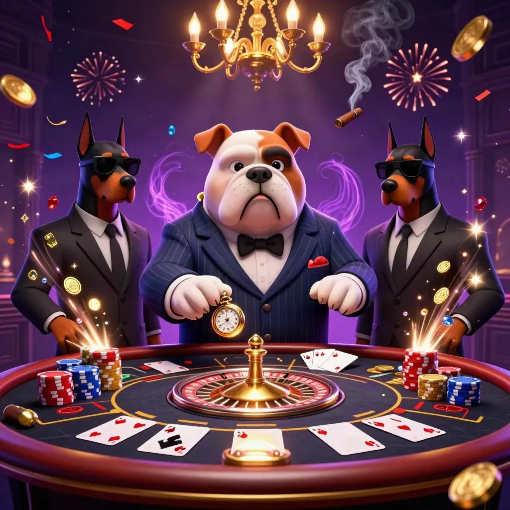 Bulldog mafioso e dois Dobermans em mesa luxuosa com moedas, gemas e roleta brilhando.