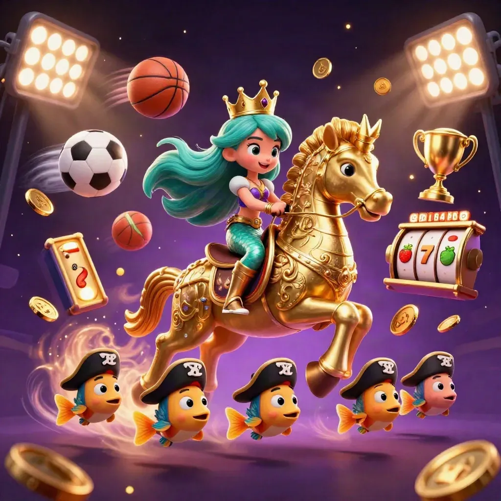 Princesa sereia em seahorse dourado, peixes piratas, bolas e moedas voando em fundo roxo.