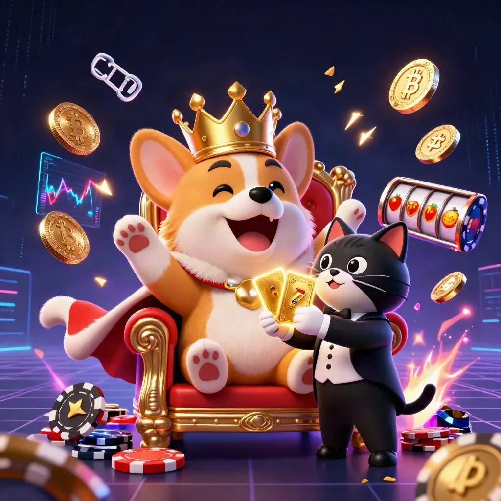 Corgi coroado e gato mordomo entre moedas cripto, brilho dourado e raios neon.