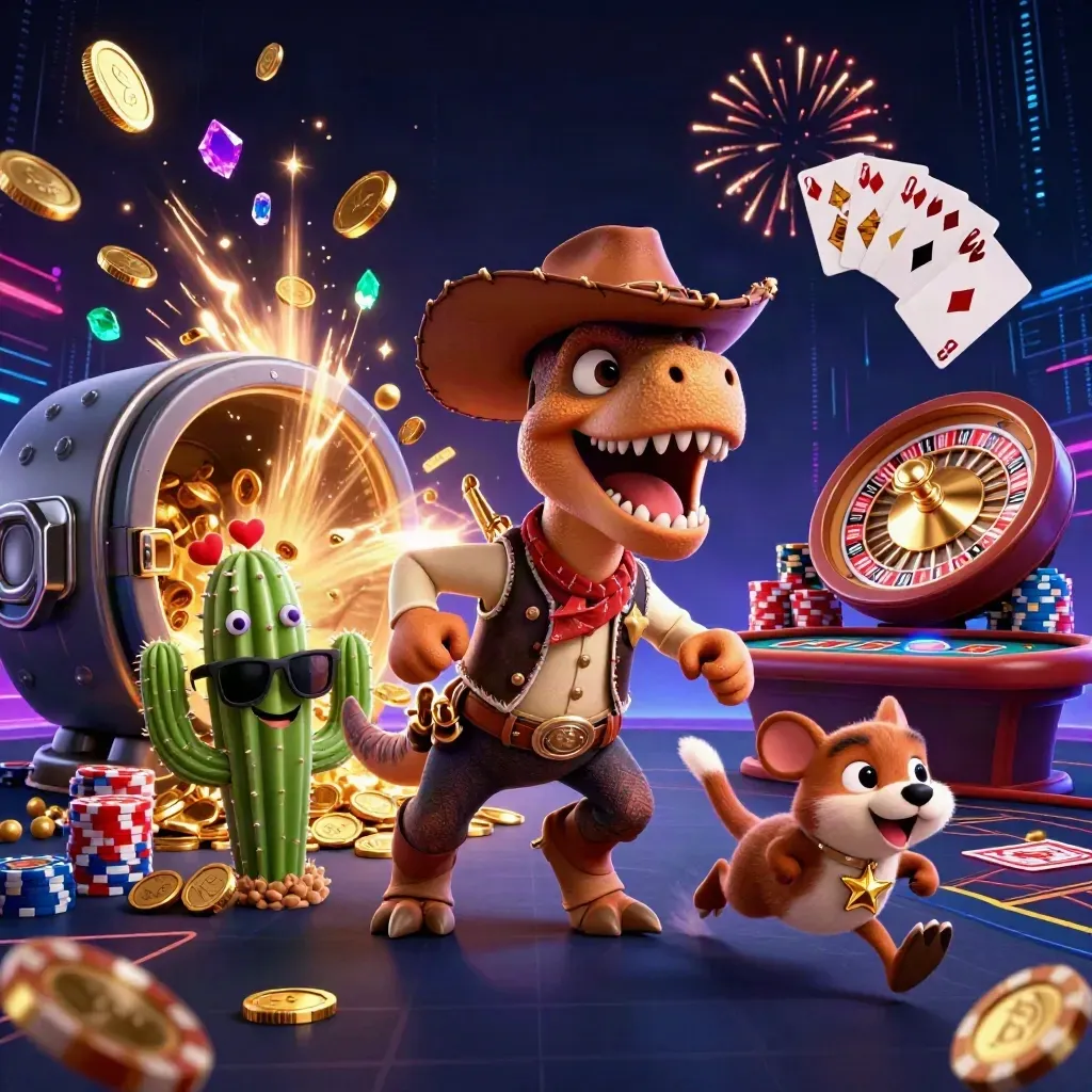 T-Rex cowboy, cacto de óculos e roadrunner com moedas, roleta e explosões neon.