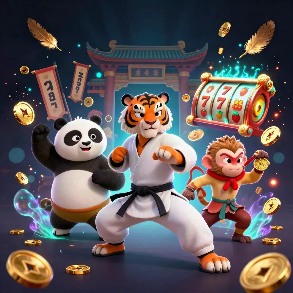 Tigre kung-fu, panda e macaco em ação com moedas, luzes e símbolos de caça-níquel